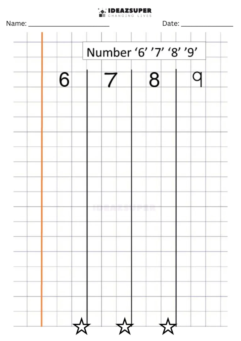 Number Writing Week 10 worksheet: writing 6, 7, 8 and 9 together on a maths block grid