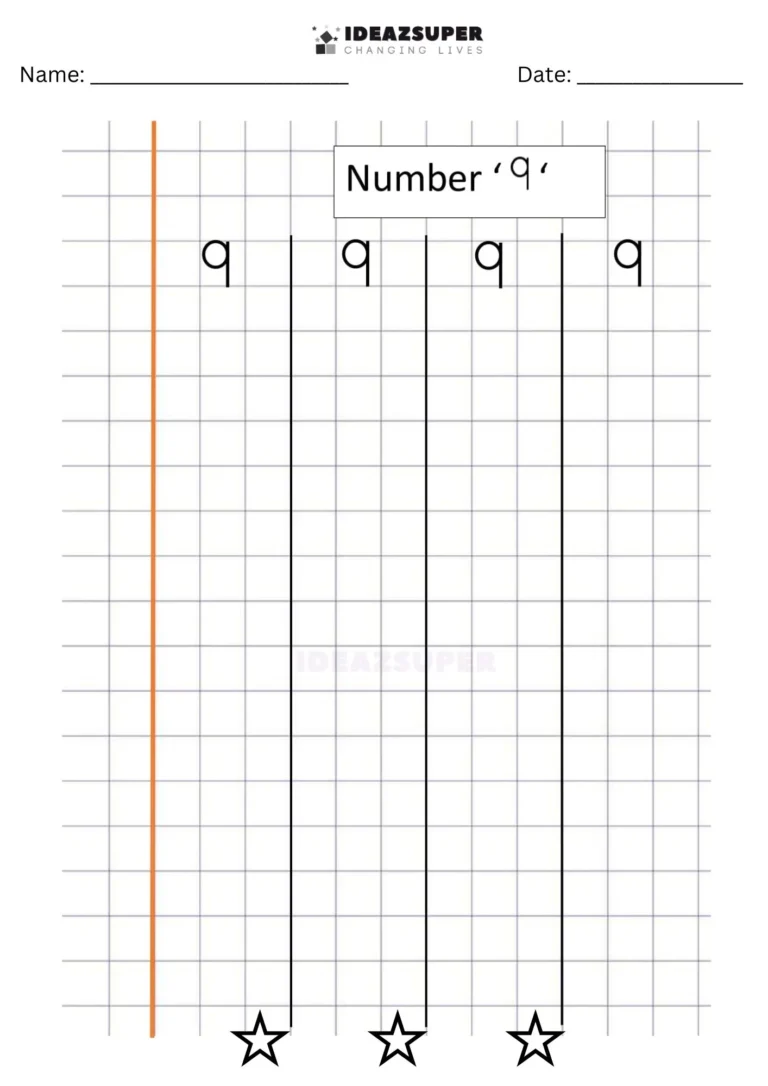 Number Writing Week 9 worksheet: writing the number 9 on a maths block grid