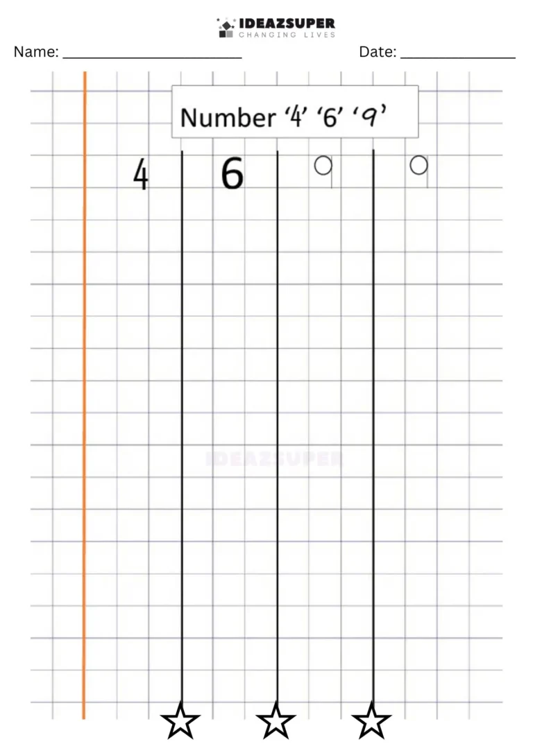 Number Writing Week 9 worksheet: writing 4, 6 and 9 together on a maths block grid