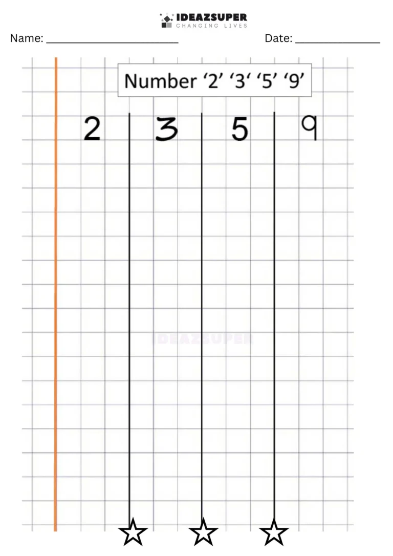 Number Writing Week 9 worksheet: writing 2, 3, 5 and 9 together on a maths block grid