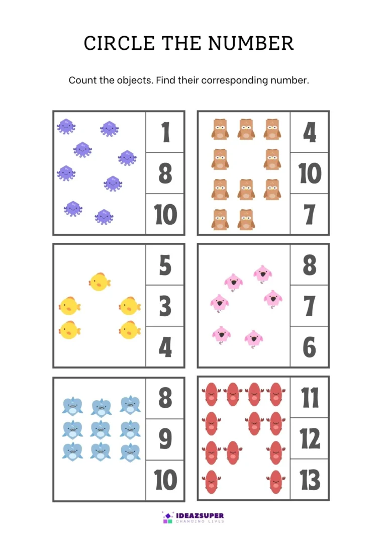 Count and circle worksheet page 1: count the pictures and circle the matching number