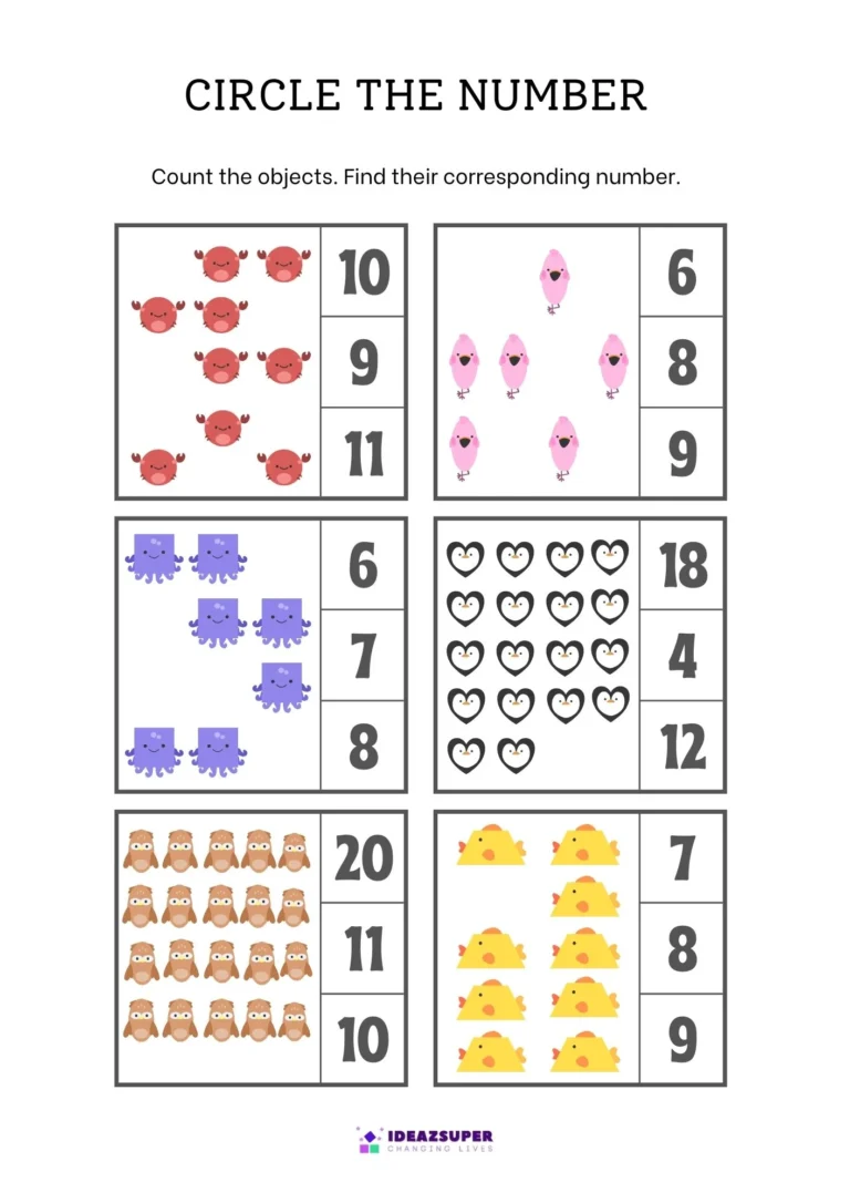 Count and circle worksheet page 2: count the pictures and circle the matching number