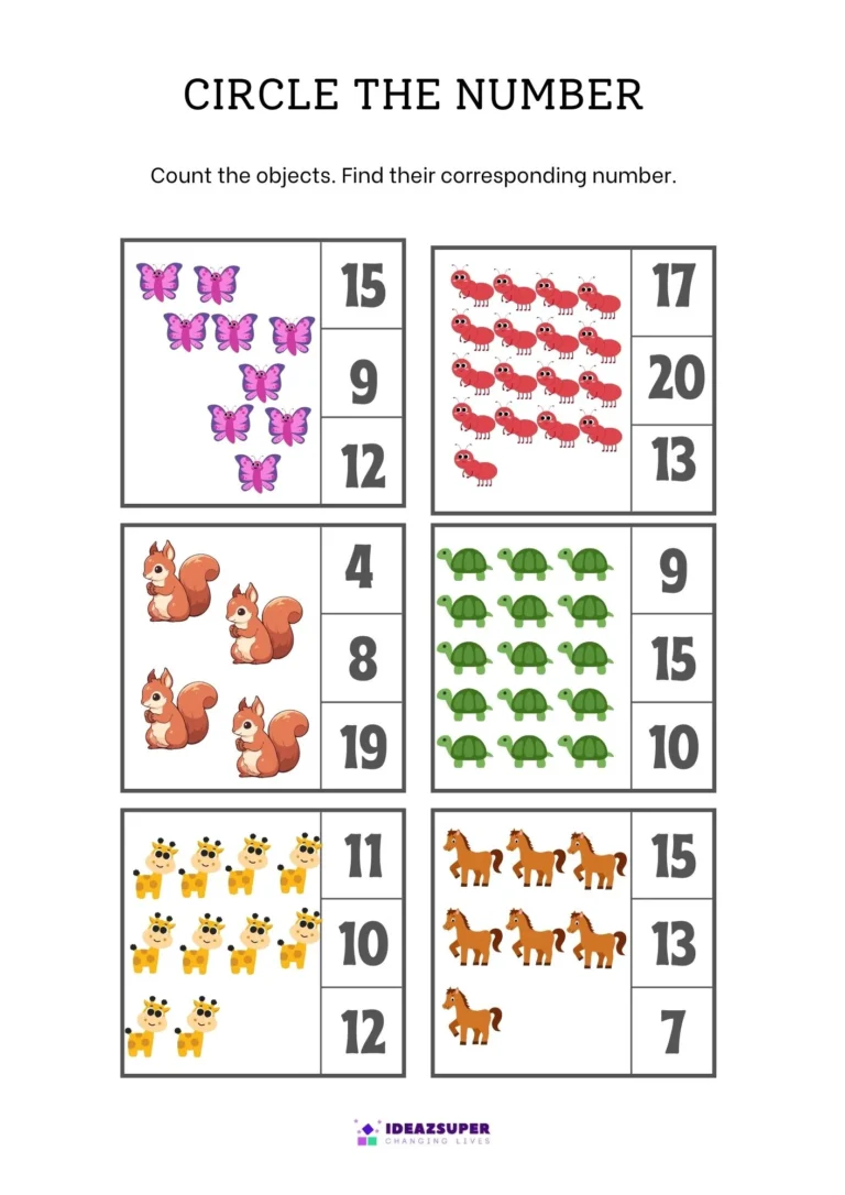 Count and circle worksheet page 4: count the pictures and circle the matching number