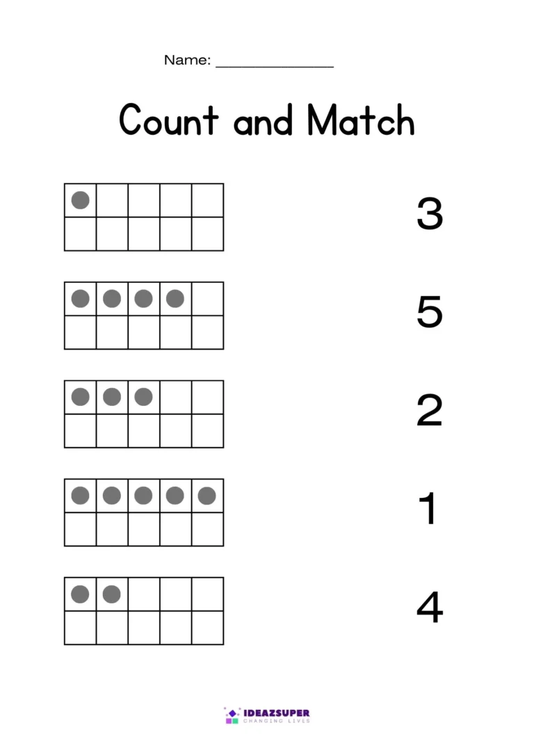 Count and match worksheet page 1: count the dots in each ten-frame and match to the number