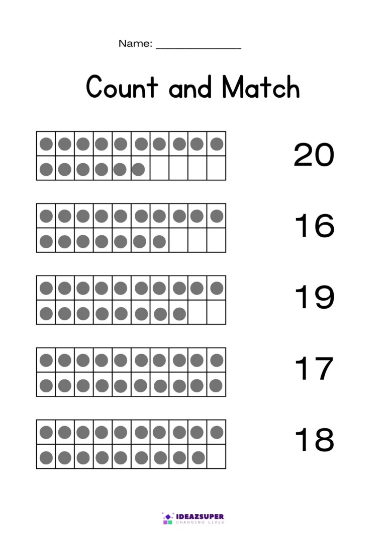 Count and match worksheet page 4: count the dots in each ten-frame and match to the number