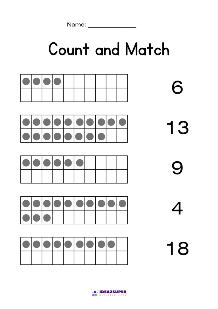 Count and match worksheet page 6: count the dots in each ten-frame and match to the number