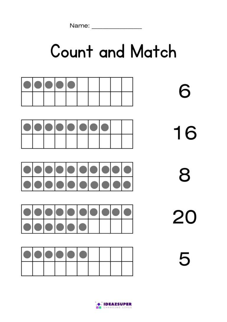Count and match worksheet page 9: count the dots in each ten-frame and match to the number