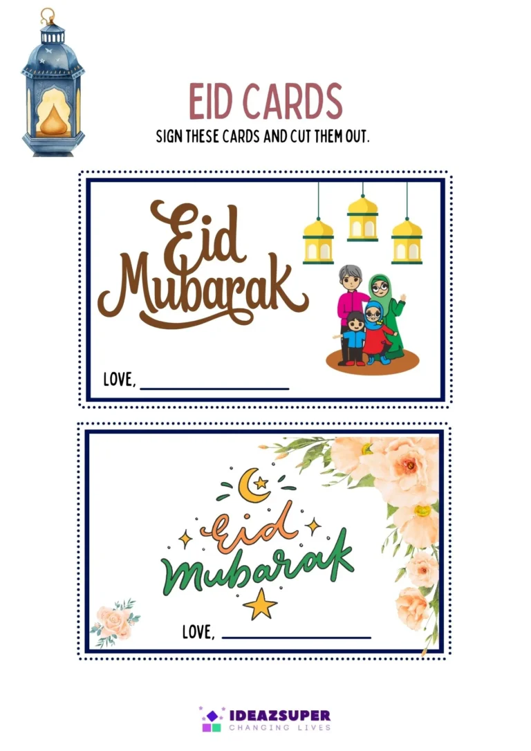 Eid-ul-Fitr worksheet: sign and cut out Eid Mubarak cards