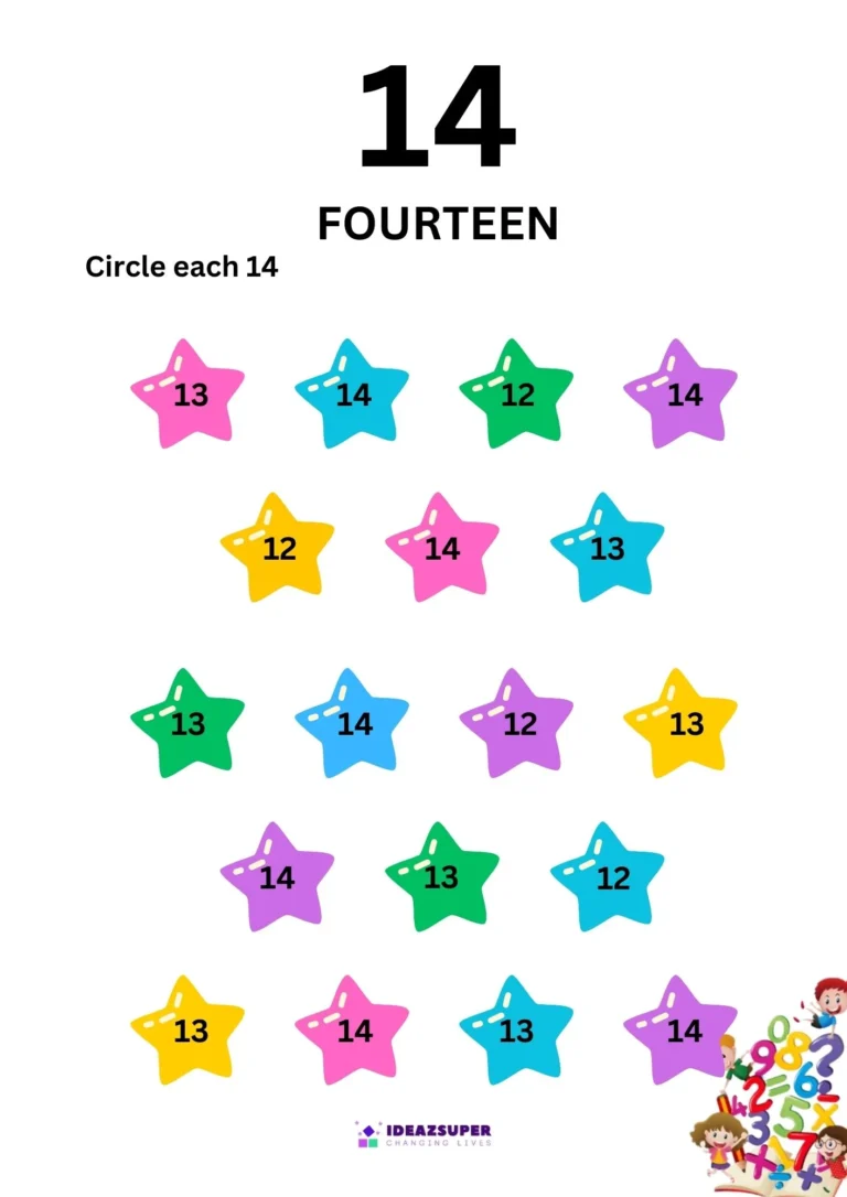 Circle the number worksheet: circle each 14 among the number stars