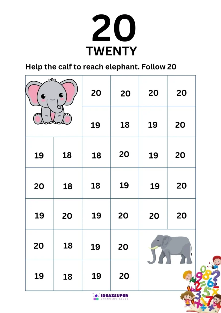 Numbers worksheet: find the path by following the number 20