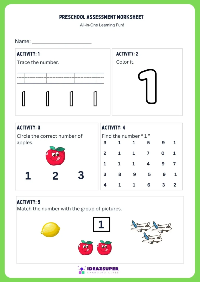 Math activity worksheet for the number 1: trace, colour, count, find and match