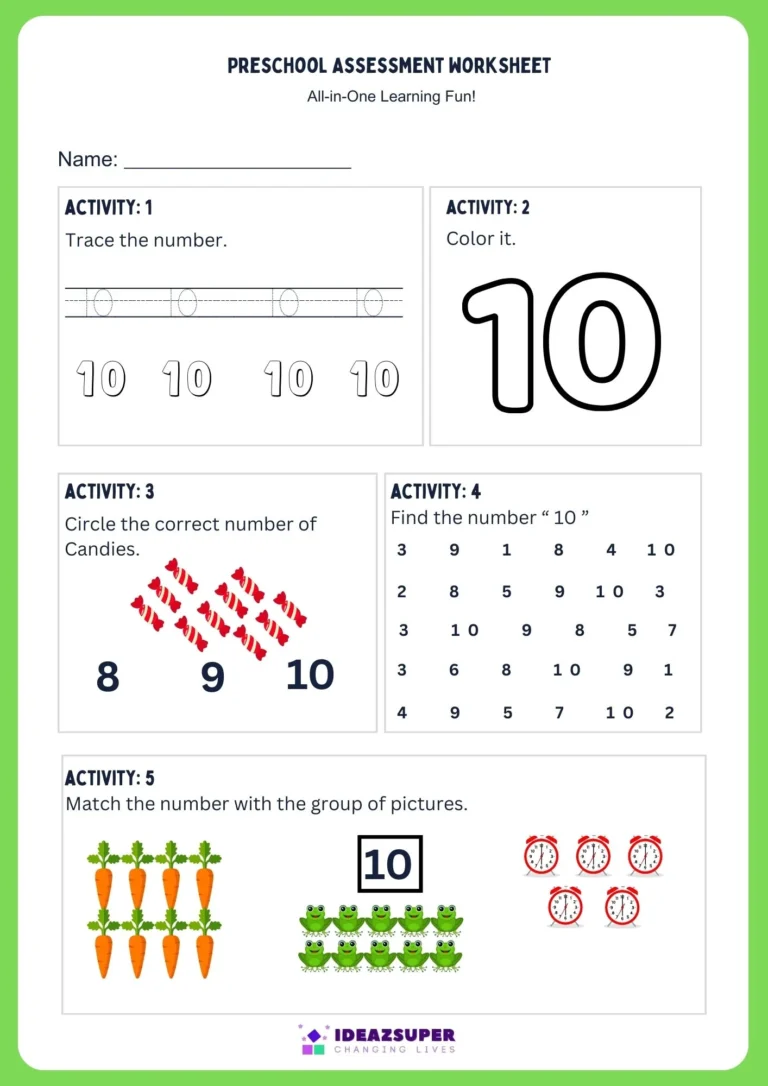 Math activity worksheet for the number 10: trace, colour, count, find and match