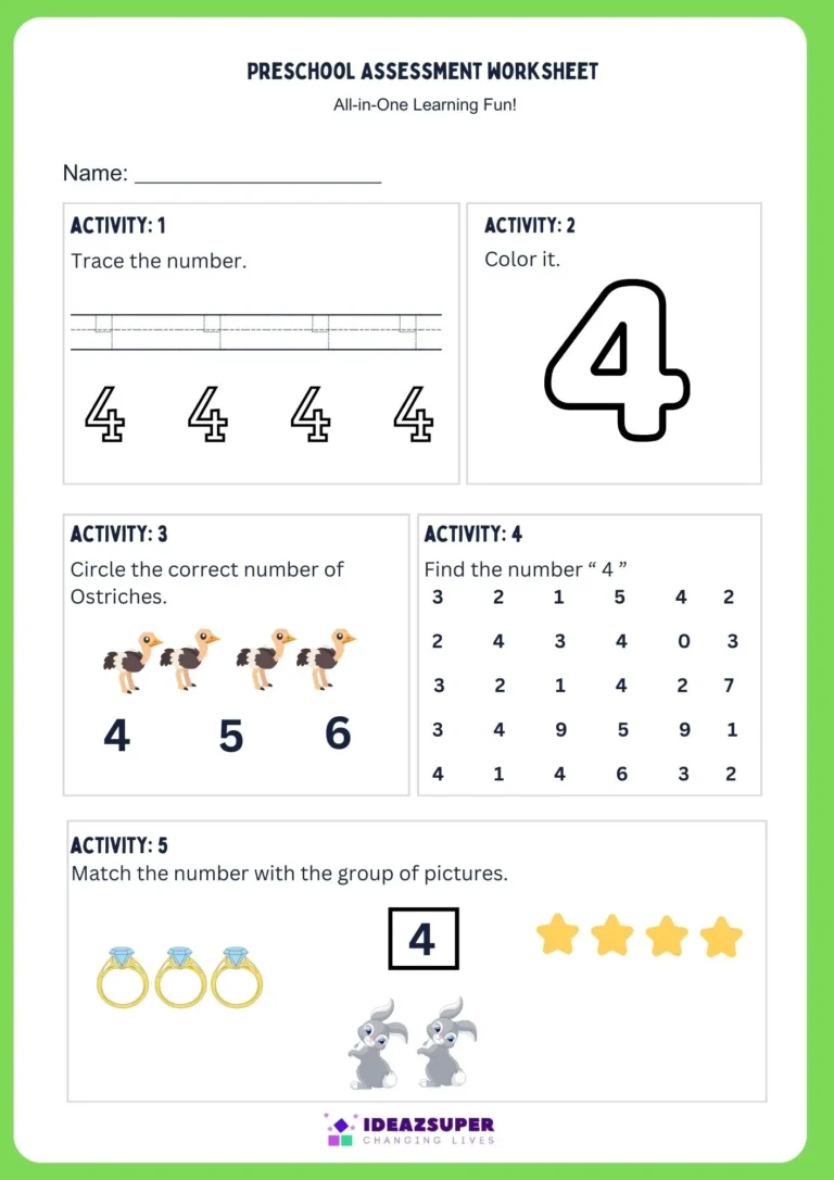 Math activity worksheet for the number 4: trace, colour, count, find and match