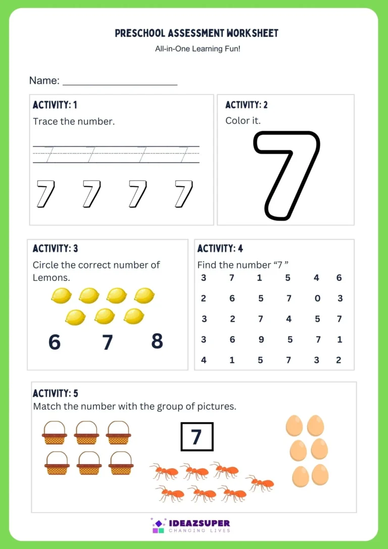 Math activity worksheet for the number 7: trace, colour, count, find and match