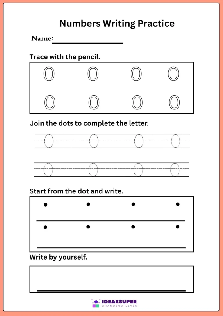 Number writing and tracing worksheet for the number 0: trace, join the dots, start from the dot and write alone