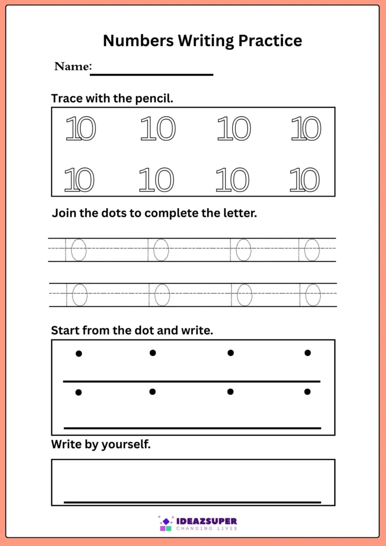 Number writing and tracing worksheet for the number 10: trace, join the dots, start from the dot and write alone