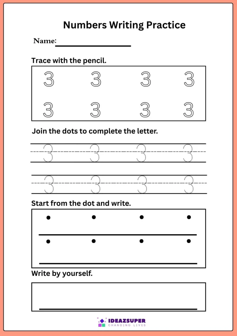 Number writing and tracing worksheet for the number 3: trace, join the dots, start from the dot and write alone