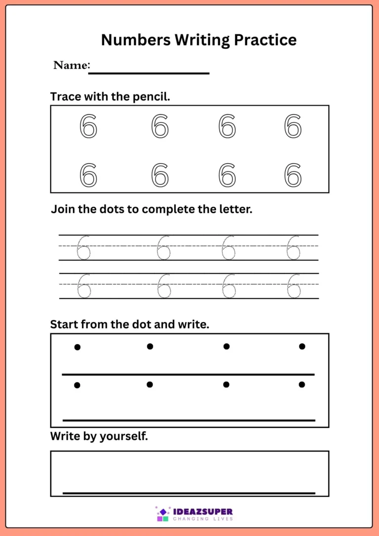 Number writing and tracing worksheet for the number 6: trace, join the dots, start from the dot and write alone