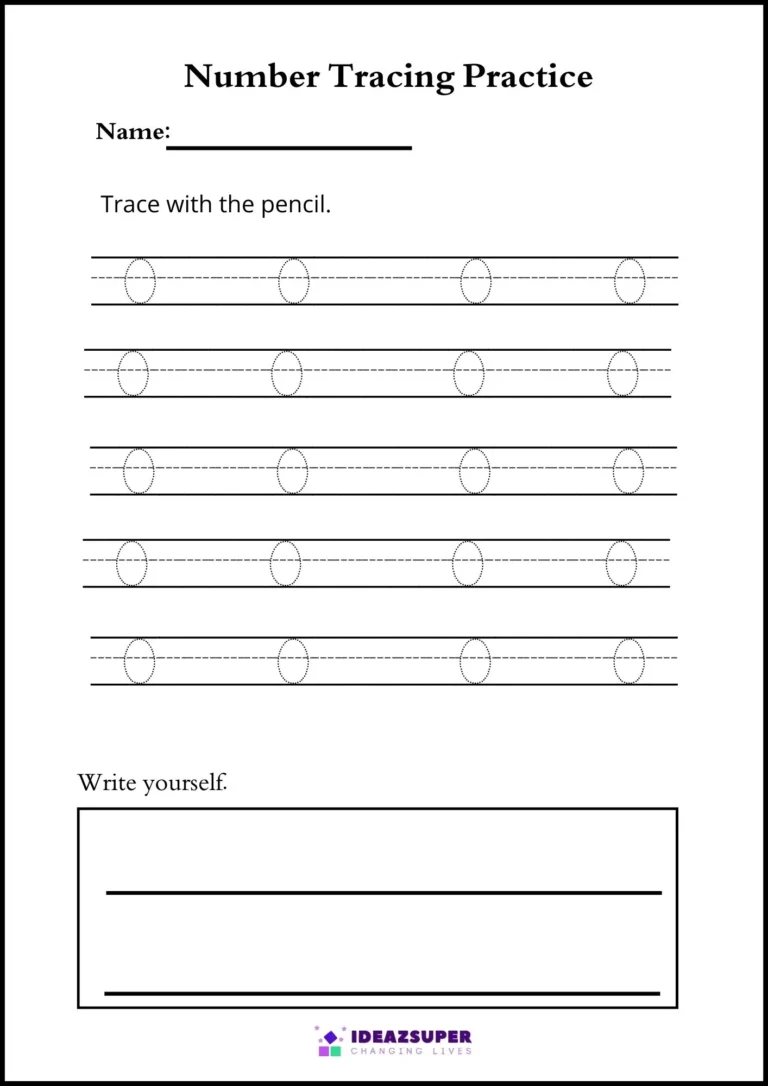 Number tracing worksheet for the number 0: dotted rows to trace and a write yourself box