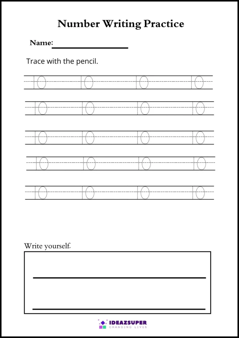 Number tracing worksheet for the number 10: dotted rows to trace and a write yourself box