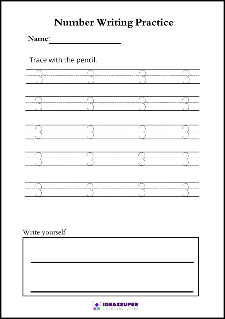 Number tracing worksheet for the number 3: dotted rows to trace and a write yourself box
