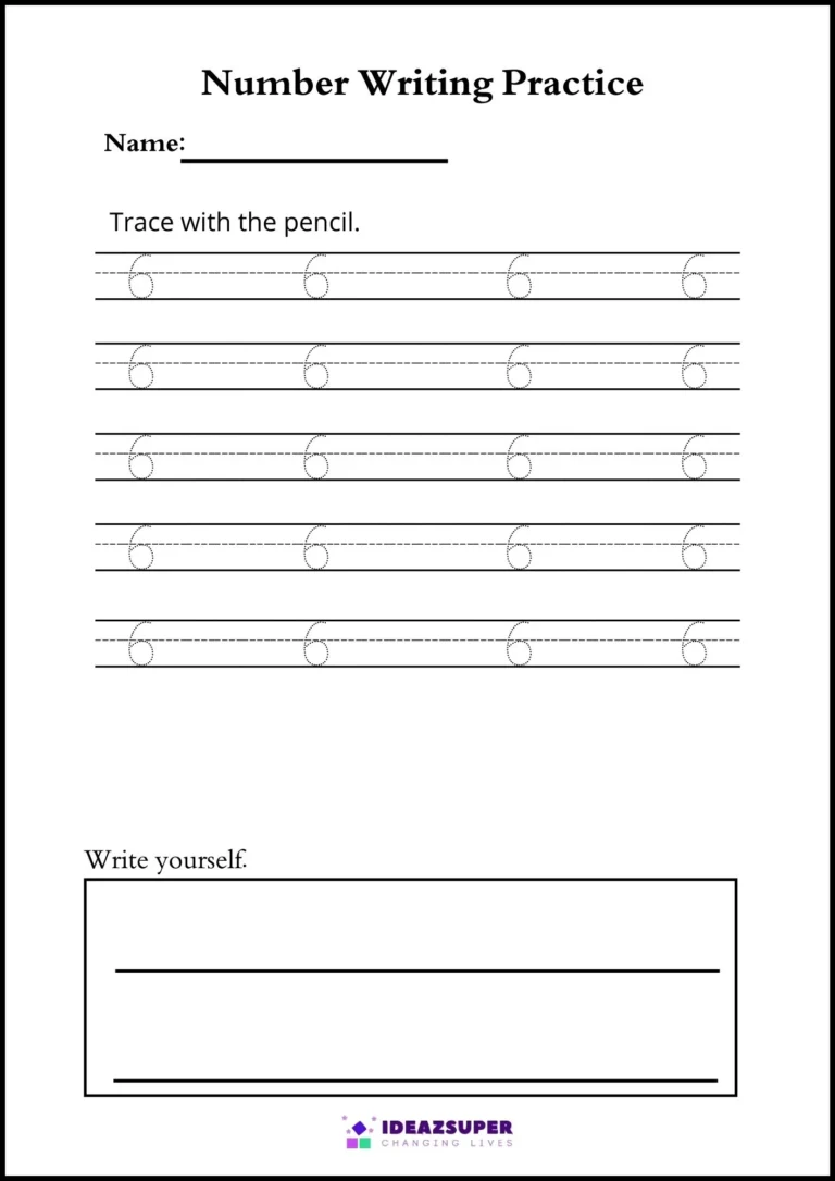 Number tracing worksheet for the number 6: dotted rows to trace and a write yourself box