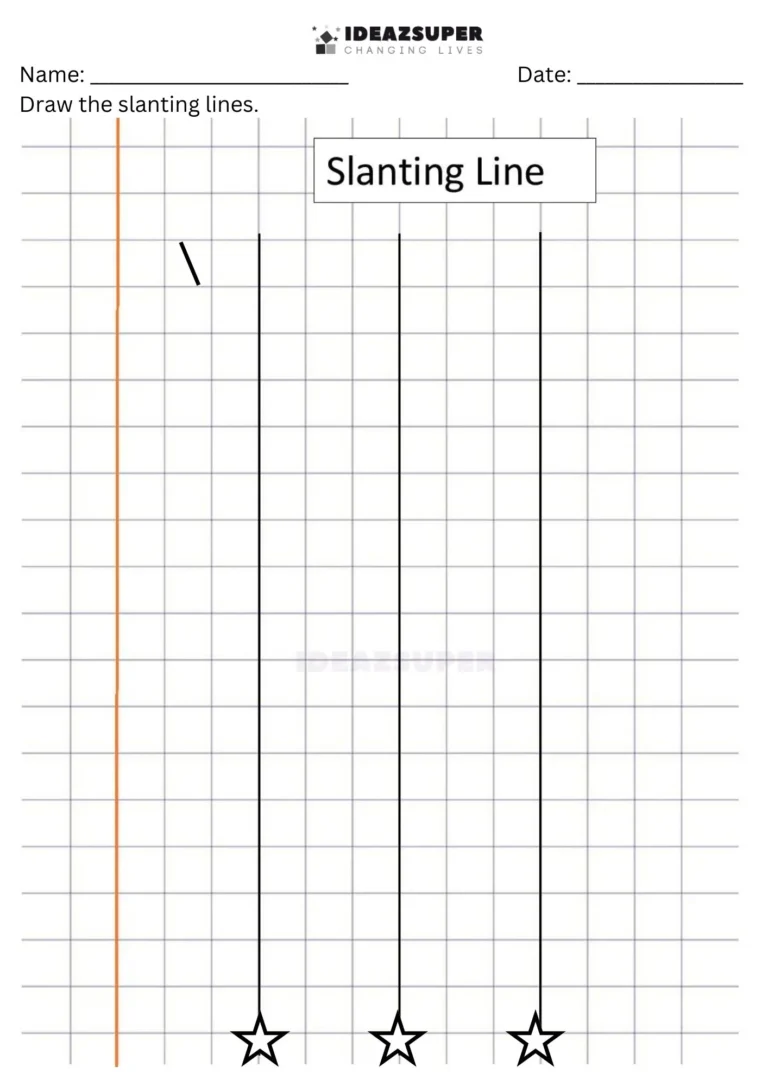 Number Writing Week 3 worksheet: copying slanting lines from left to right on a maths block grid