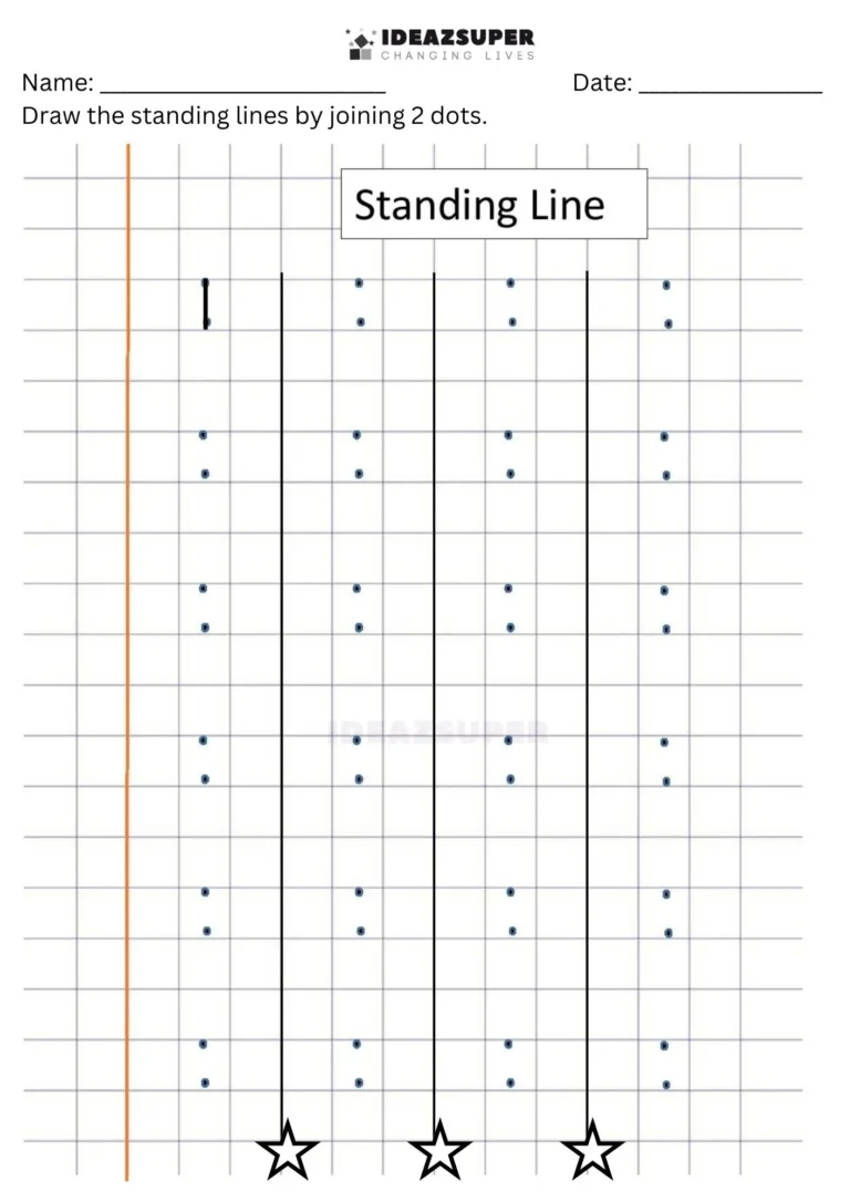 Number Writing Week 1 worksheet: joining 2 dots to draw standing lines on a maths block grid