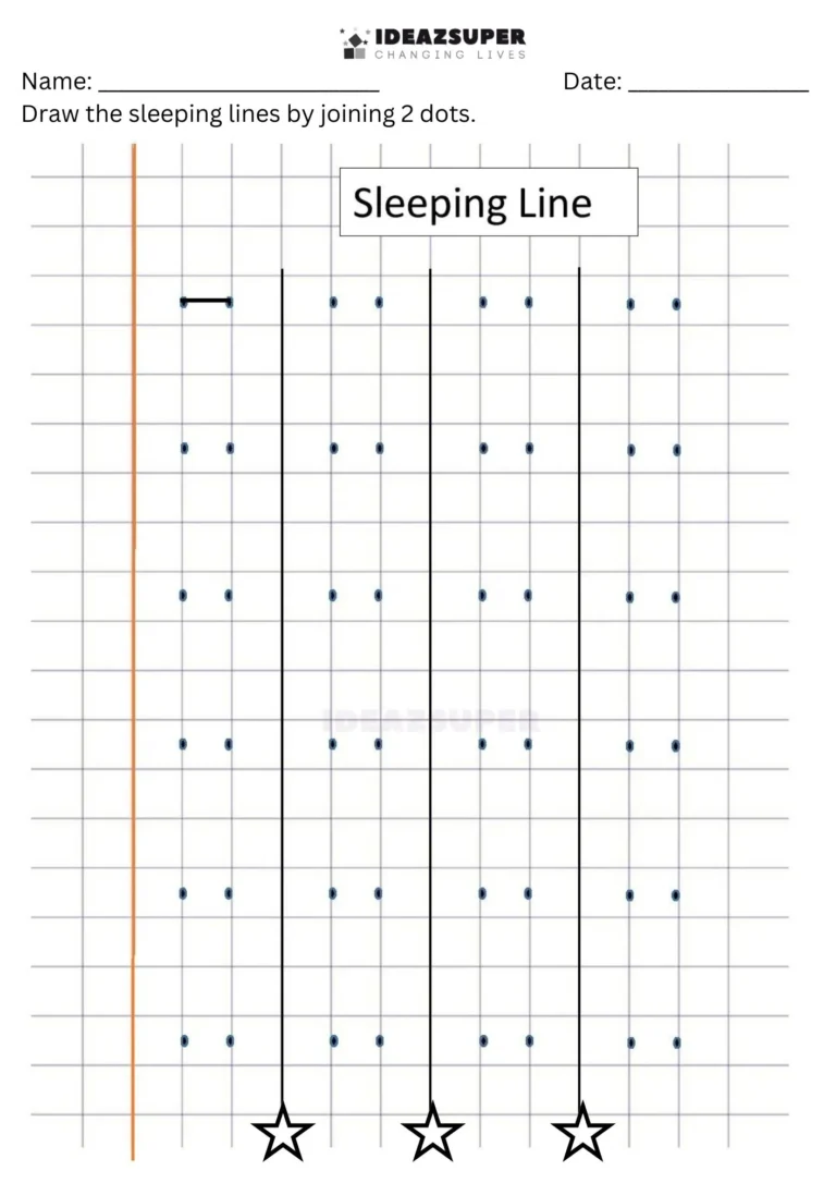 Number Writing Week 1 worksheet: joining 2 dots to draw sleeping lines on a maths block grid
