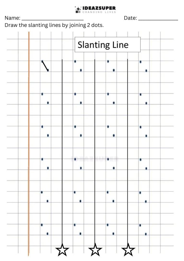 Number Writing Week 1 worksheet: joining dots to draw slanting lines from left to right on a maths block grid