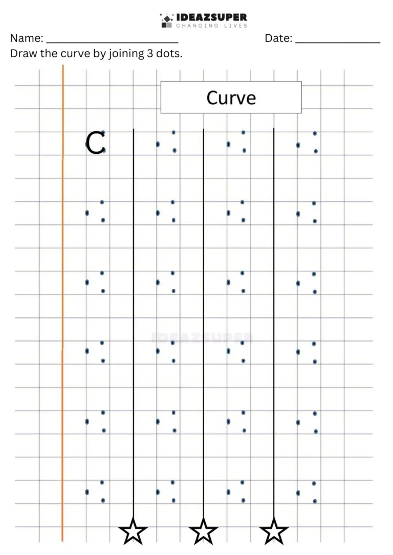 Number Writing Week 1 worksheet: joining 3 dots to draw curves on a maths block grid
