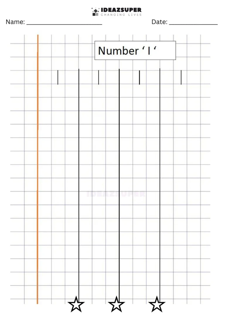 Number Writing Week 4 worksheet: writing the number 1 on a maths block grid