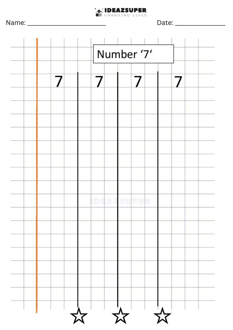 Number Writing Week 4 worksheet: writing the number 7 on a maths block grid