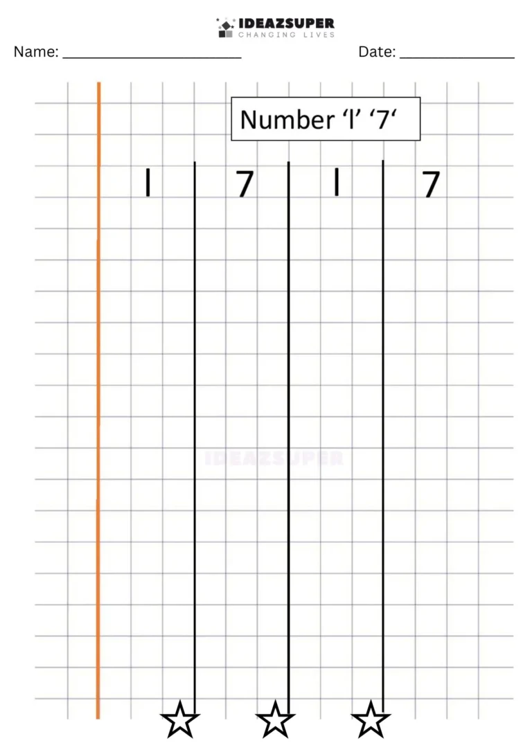 Number Writing Week 4 worksheet: writing 1 and 7 together on a maths block grid
