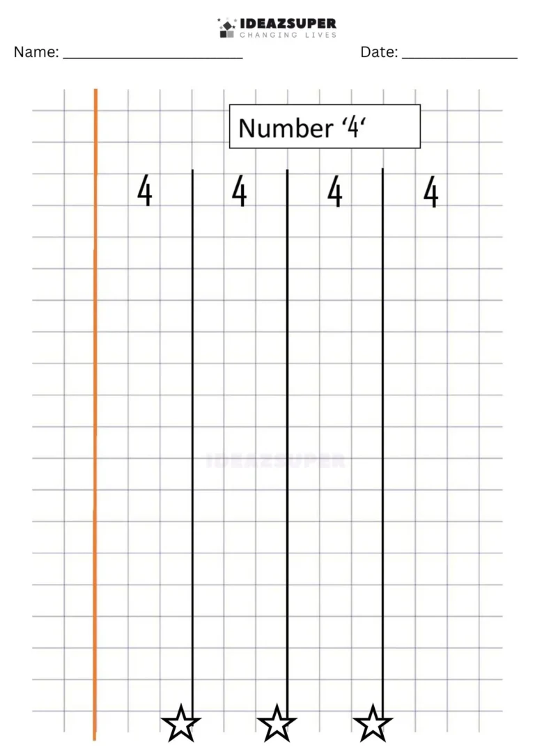 Number Writing Week 5 worksheet: writing the number 4 on a maths block grid
