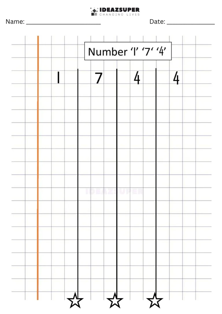 Number Writing Week 5 worksheet: writing 1, 7 and 4 together on a maths block grid
