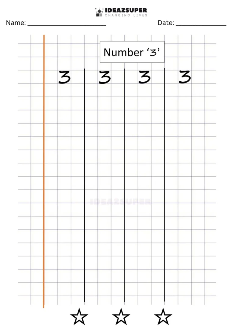 Number Writing Week 7 worksheet: writing the number 3 on a maths block grid