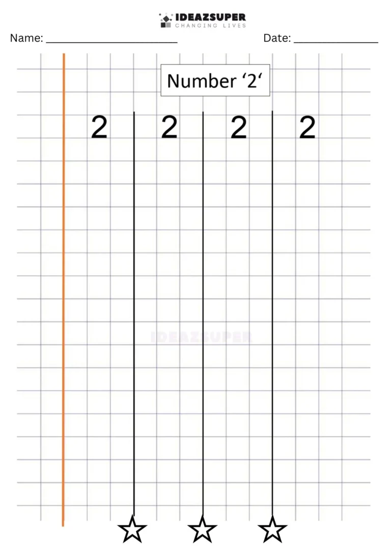 Number Writing Week 7 worksheet: writing the number 2 on a maths block grid