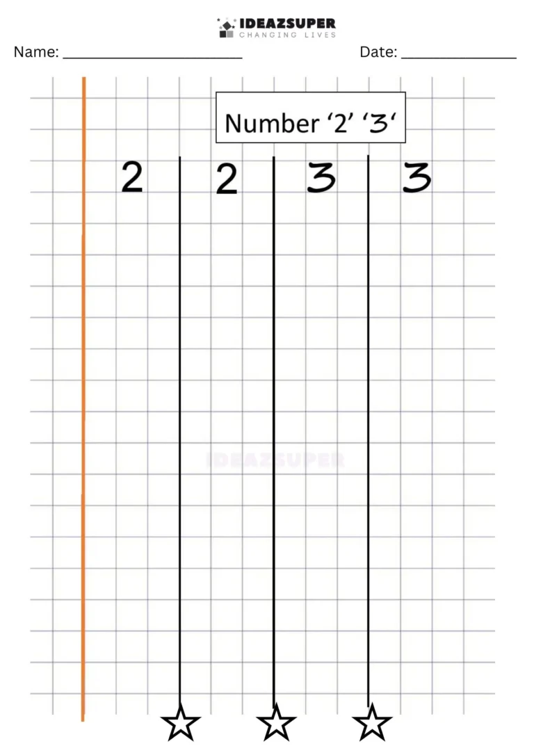 Number Writing Week 7 worksheet: writing 2 and 3 together on a maths block grid