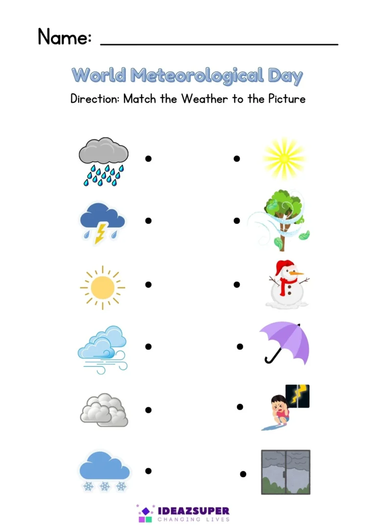 World Meteorological Day weather printable worksheet for preschool kids, sample page 1