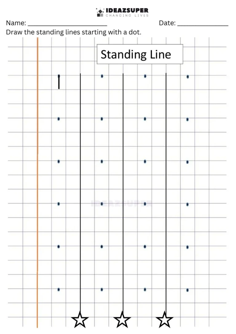 Number Writing Week 2 worksheet: drawing standing lines from one dot on a maths block grid