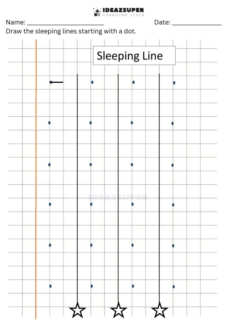 Number Writing Week 2 worksheet: drawing sleeping lines from one dot on a maths block grid