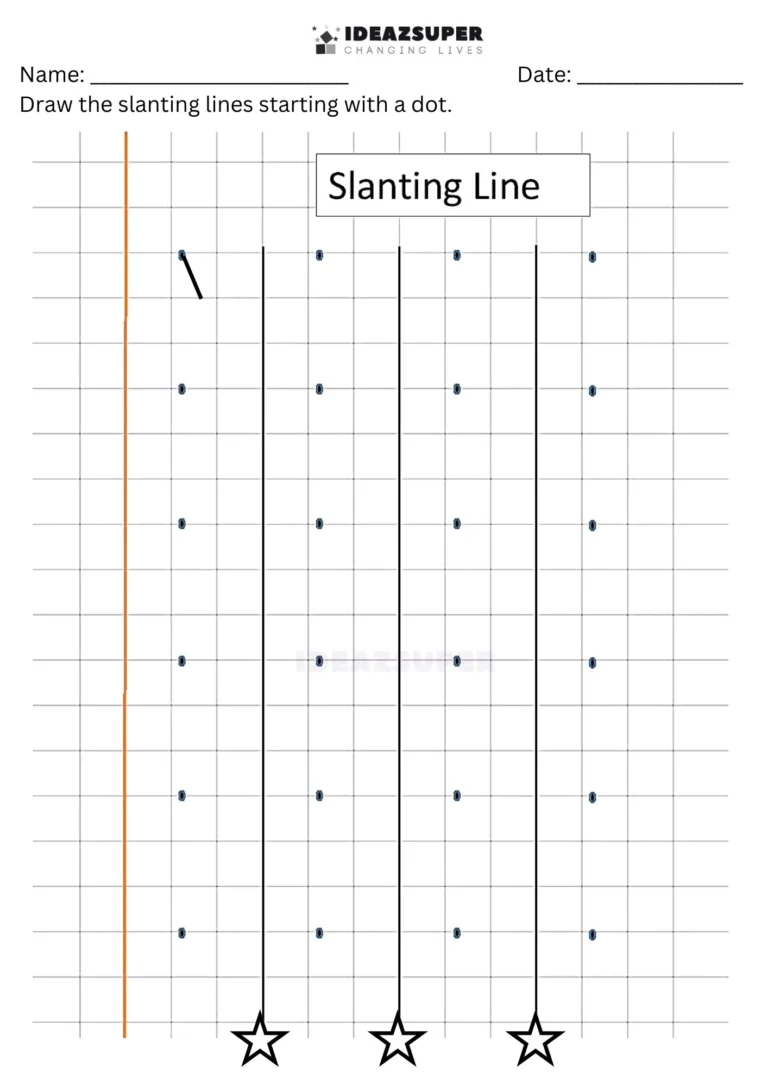 Number Writing Week 2 worksheet: drawing slanting lines from left to right from one dot on a maths block grid