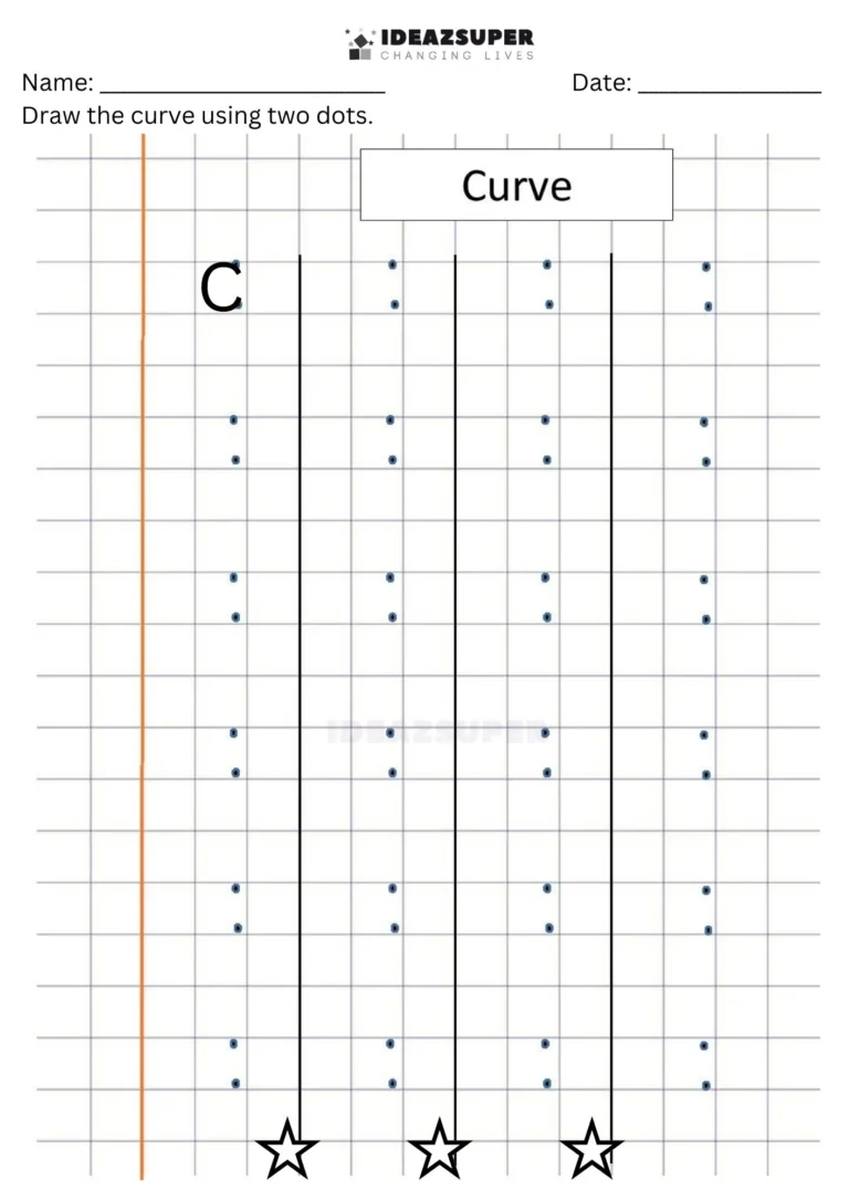 Number Writing Week 2 worksheet: drawing curves using two dots on a maths block grid