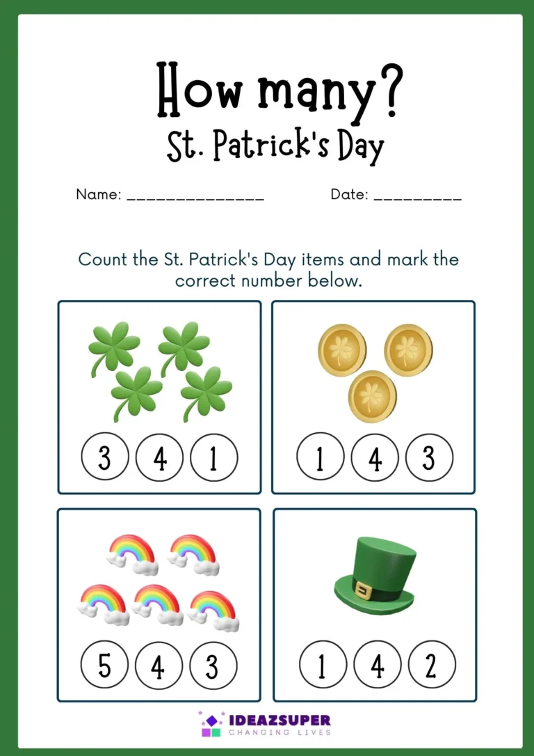 St. Patrick's Day printable worksheet for preschool kids, sample page 1