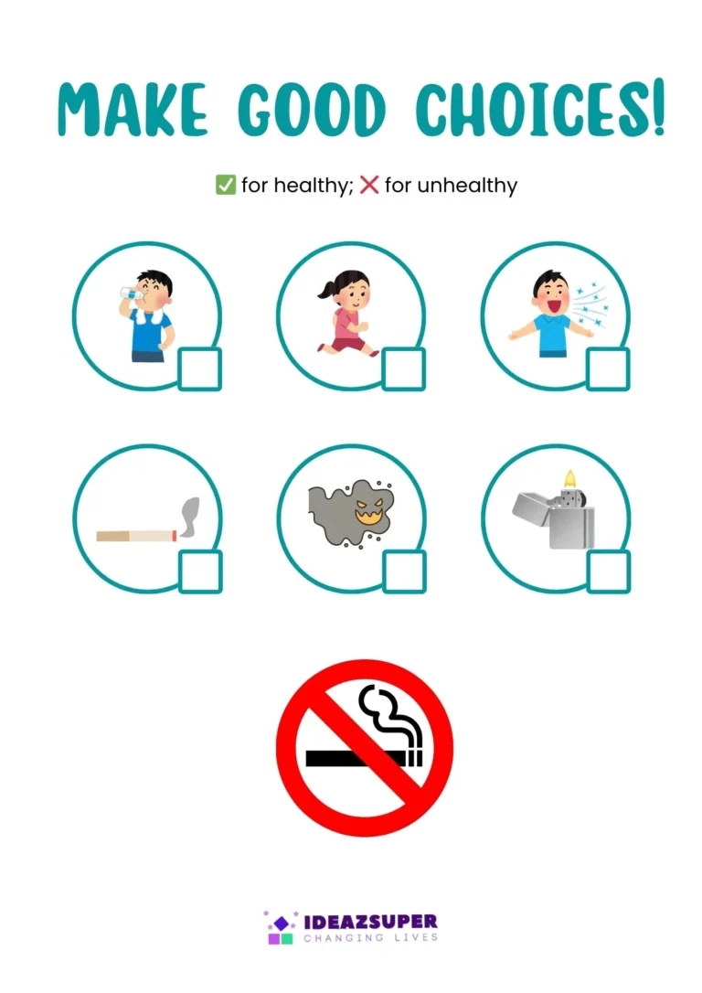 World No Tobacco Day healthy lungs printable worksheet for preschool kids, sample page 1