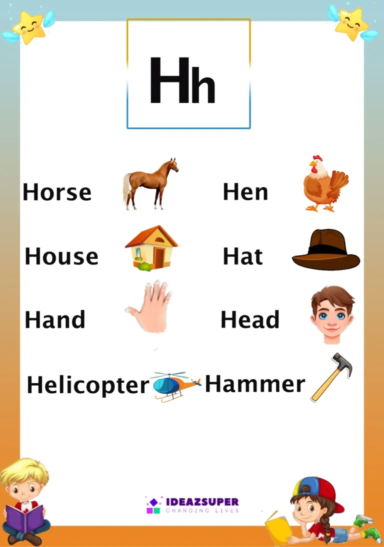 Letter H picture flash card with words that begin with H