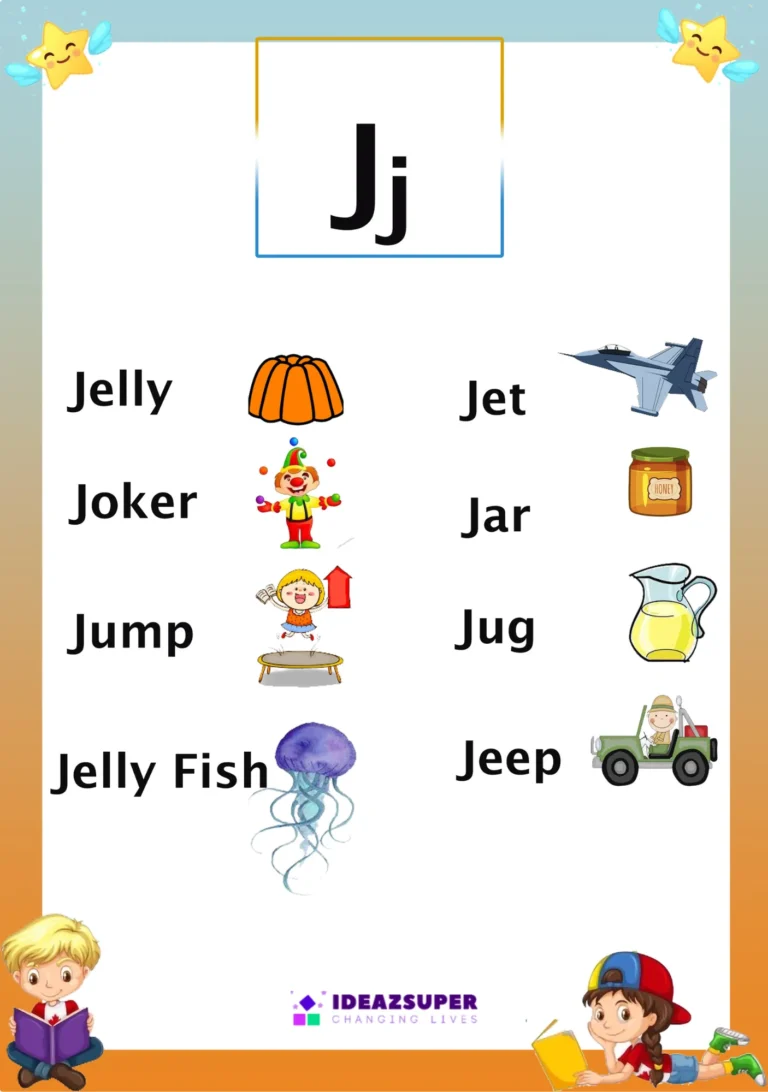 Letter J picture flash card with words that begin with J