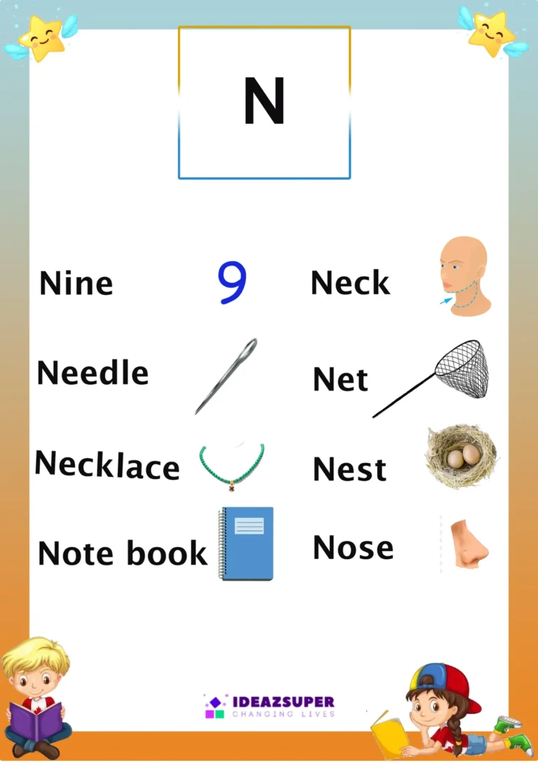 Letter N picture flash card with words that begin with N