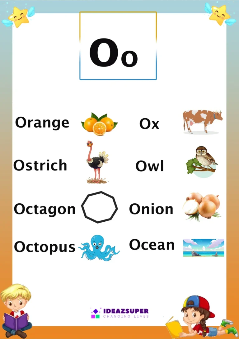 Letter O picture flash card with words that begin with O